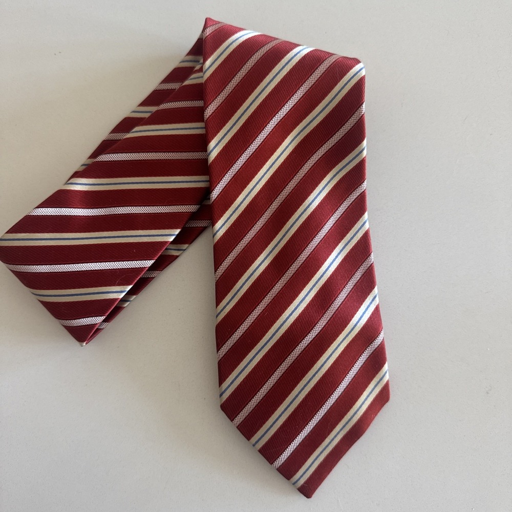 Ermenegildo Zinga  100% Silk Tie Red‎ White Blue Stripe Pattern